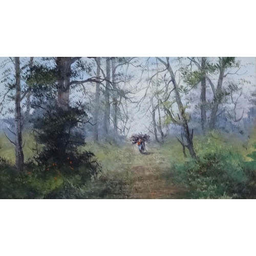 11 - Circa 1900 English School, Oil on card, a pair, Taking faggots through a wood and fishing by a river... 