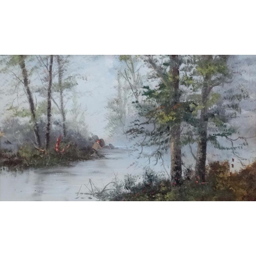 11 - Circa 1900 English School, Oil on card, a pair, Taking faggots through a wood and fishing by a river... 