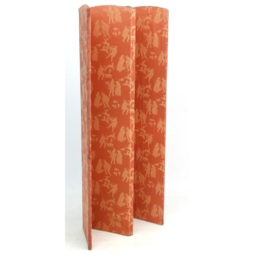 111 - An upholstered 4-fold screen with decorated silk upholstery standing 66'' high x 44'' long (extended... 