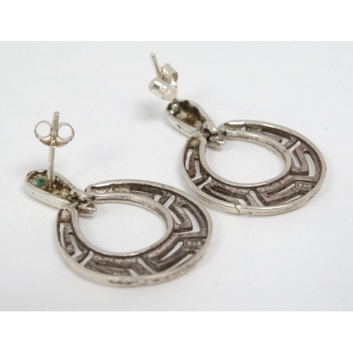 1119 - A pair of white metal drop earrings with stylised Greek Key decoration. Marked '585' 1 ¼'' long