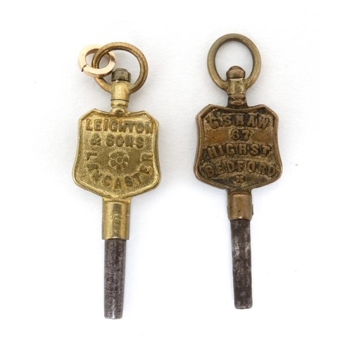 1128 - Pocket Watch Keys : two assorted sized advertising pocketwatch keys one 'Leighton & Sons , Lancaster... 