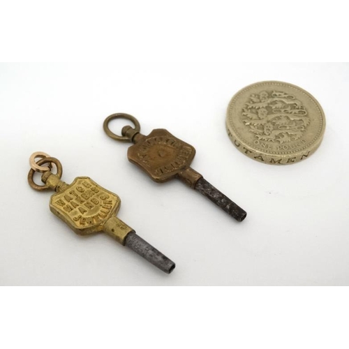 1128 - Pocket Watch Keys : two assorted sized advertising pocketwatch keys one 'Leighton & Sons , Lancaster... 