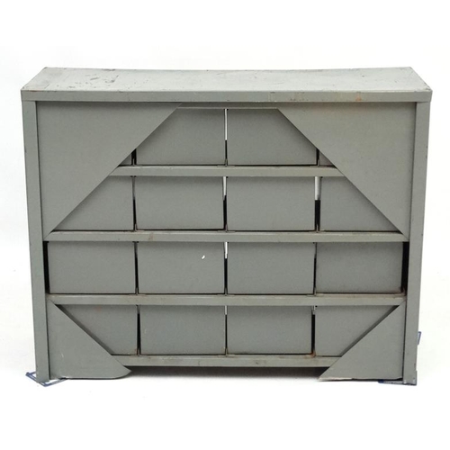 113 - Vintage Industrial  :A set of painted steel filing drawers arranged in a 4 x 4 manner, 36 1/2'' wide... 