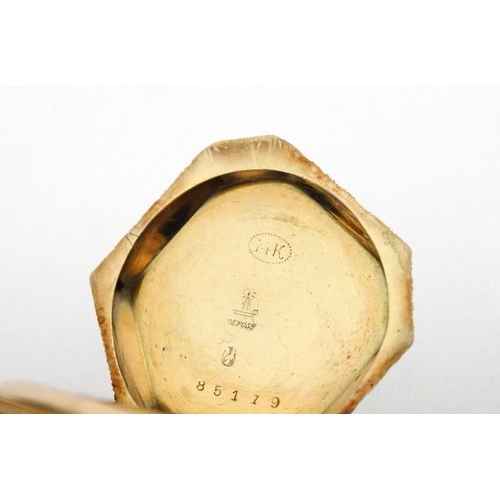 1130 - Enamel and 14 K gold Fob Watch: a French Heptagon top wind fobwatch profusely chased and decorated w... 