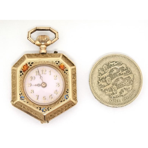 1130 - Enamel and 14 K gold Fob Watch: a French Heptagon top wind fobwatch profusely chased and decorated w... 