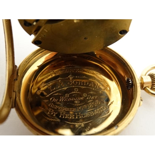 1131 - 18 ct gold Pocket Watch : a top Wind 18 ct gold heavily chased ladies (large) pocketwatch with white... 