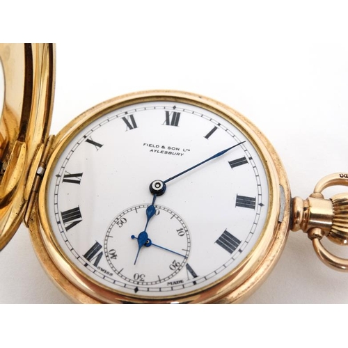 1132 - ' Field & Son , Aylesbury ' Half Hunter Pocket Watch : a Top wind 10ct front and back plates pocket ... 