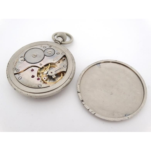 1140 - Military Pocket Watch : a Top Wind nickel cased MOD Crow's Foot marked ' Bravingtons' pocketwatch wi... 