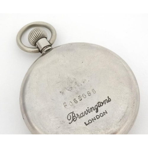 1140 - Military Pocket Watch : a Top Wind nickel cased MOD Crow's Foot marked ' Bravingtons' pocketwatch wi... 