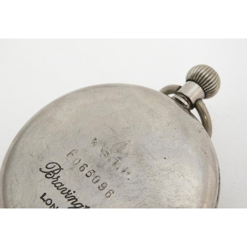 1140 - Military Pocket Watch : a Top Wind nickel cased MOD Crow's Foot marked ' Bravingtons' pocketwatch wi... 