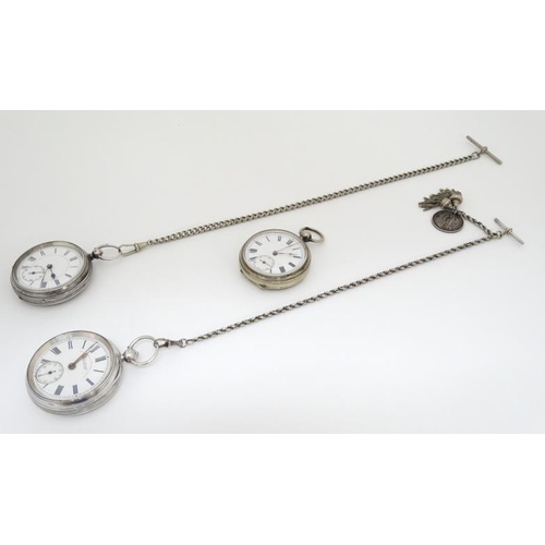 1144 - Pocketwatches : a collection of 3 open faced Pocket Watches ( two with Albert / Watch chains and sil... 