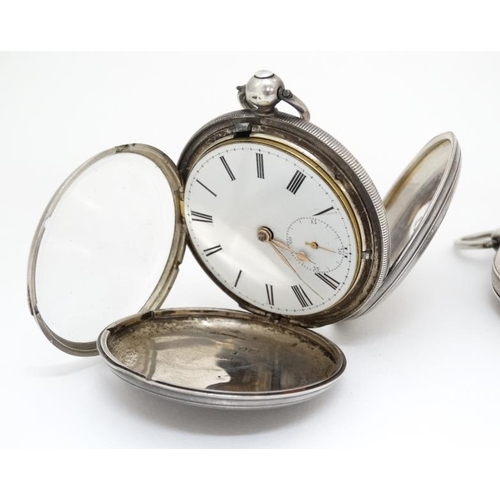 1145 - Pocketwatches : a collection of 3 silver Pocket Watches one marked ' Fine Silver , key wind open fac... 