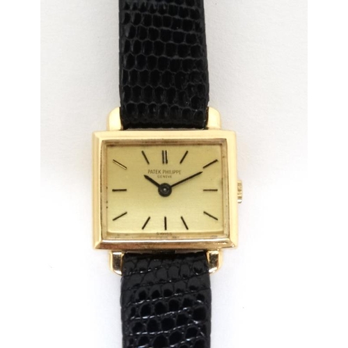 1150 - Wristwatch : Patek Phillipe , a 18ct (.750 ) gold cased square cased wristwatch , the signed gilt di... 