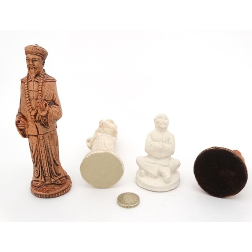 1181 - A late 20thC / early 21stC Chinese moulded and stained brown chess set, the pieces formed as figures... 