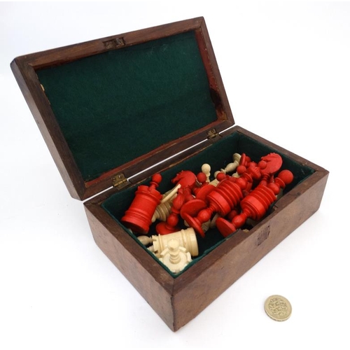 1185 - A carved and red stained bone Barleycorn Captain Cook style chess set in wooden box with mother of p... 