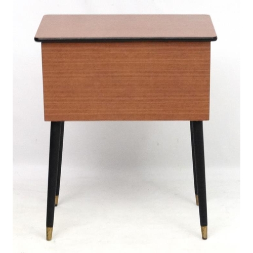 129 - Vintage Retro :   A mid century sewing table standing on 4 angled legs , opening to reveal a plush l... 