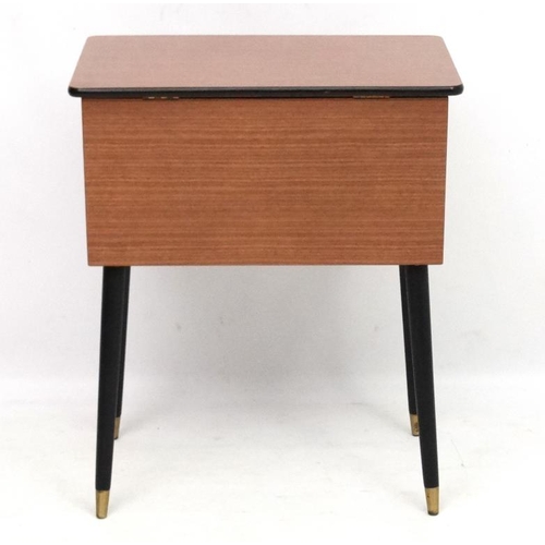 129 - Vintage Retro :   A mid century sewing table standing on 4 angled legs , opening to reveal a plush l... 