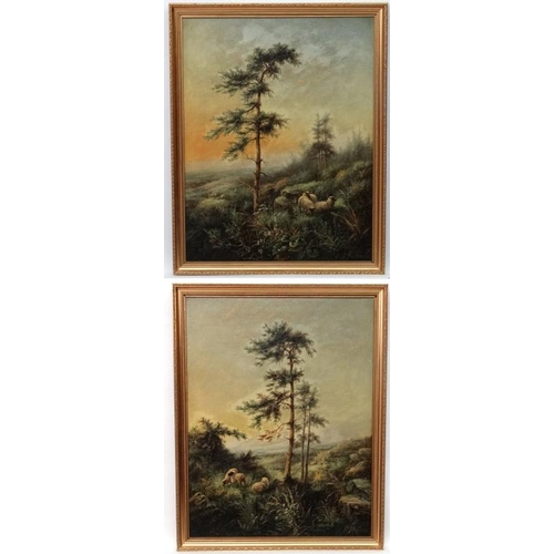 13 - E Masters ( XIX-XX ), Oil on canvas,  a pair, Sheep and a Scots Pine in a vista, Both signed lower r... 