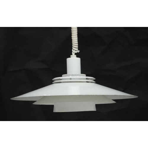 132 - Vintage Retro : a Danish Pendant lamp / light of white liveried 3 tier form together with a 2 ring t... 