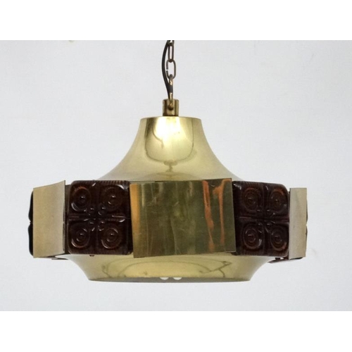 135 - Vintage Retro : a Danish Pendant lamp / light of brass and 5 brown moulded glass squared sections , ... 