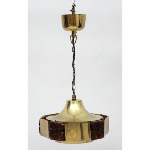 135 - Vintage Retro : a Danish Pendant lamp / light of brass and 5 brown moulded glass squared sections , ... 