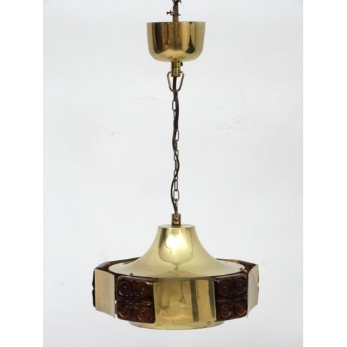 135 - Vintage Retro : a Danish Pendant lamp / light of brass and 5 brown moulded glass squared sections , ... 