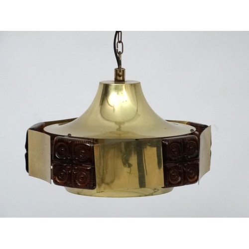 135 - Vintage Retro : a Danish Pendant lamp / light of brass and 5 brown moulded glass squared sections , ... 