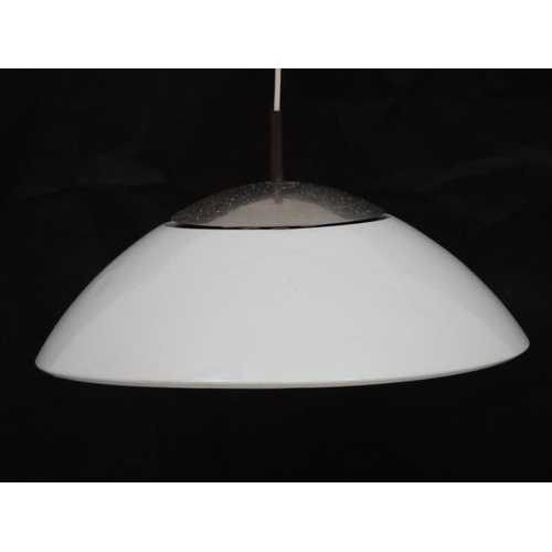 136 - Vintage Retro : a Danish pendant lamp / light of white liveried hemisphere form , steel top , possib... 