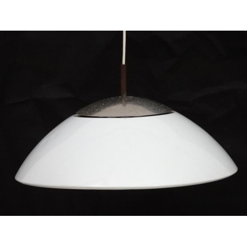 136 - Vintage Retro : a Danish pendant lamp / light of white liveried hemisphere form , steel top , possib... 