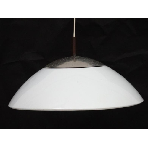 136 - Vintage Retro : a Danish pendant lamp / light of white liveried hemisphere form , steel top , possib... 