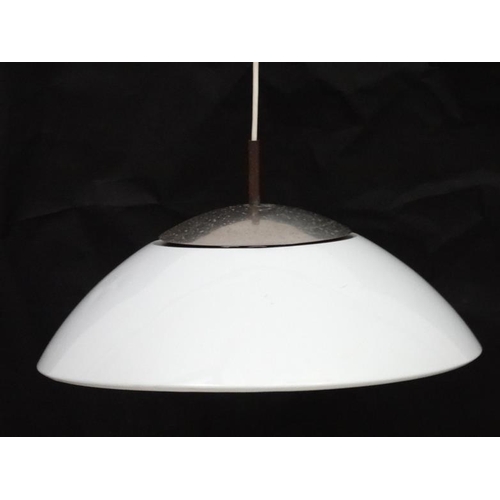 136 - Vintage Retro : a Danish pendant lamp / light of white liveried hemisphere form , steel top , possib... 