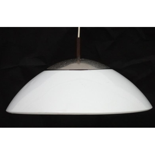 136 - Vintage Retro : a Danish pendant lamp / light of white liveried hemisphere form , steel top , possib... 