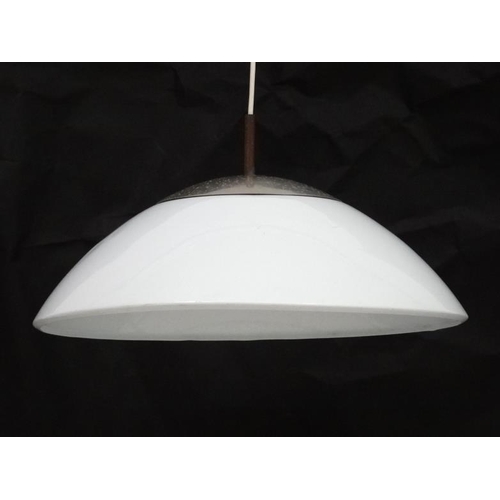 136 - Vintage Retro : a Danish pendant lamp / light of white liveried hemisphere form , steel top , possib... 