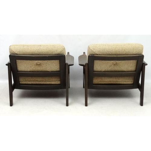 140 - Vintage Retro :   A pair of Danish lounge chairs of open arm oatmeal woollen upholstered and low cha... 