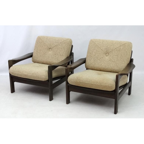 140 - Vintage Retro :   A pair of Danish lounge chairs of open arm oatmeal woollen upholstered and low cha... 