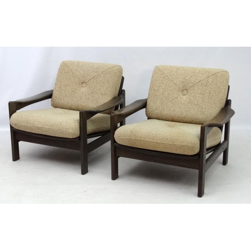 140 - Vintage Retro :   A pair of Danish lounge chairs of open arm oatmeal woollen upholstered and low cha... 