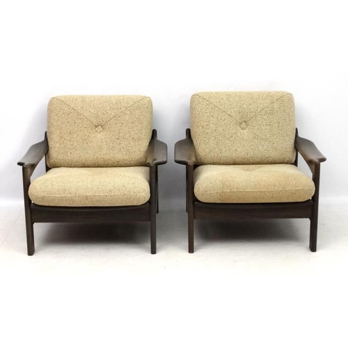 140 - Vintage Retro :   A pair of Danish lounge chairs of open arm oatmeal woollen upholstered and low cha... 