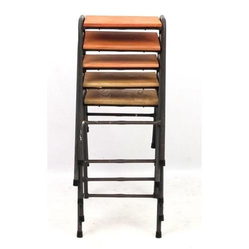 143 - Vintage Industrial :  A set of British elm topped science lab stools (5)  with painted metal legs , ... 