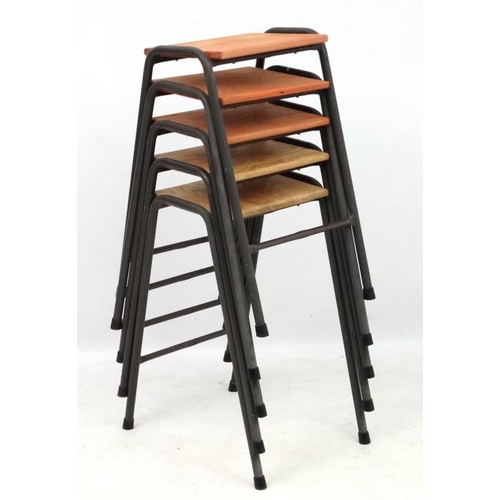 143 - Vintage Industrial :  A set of British elm topped science lab stools (5)  with painted metal legs , ... 