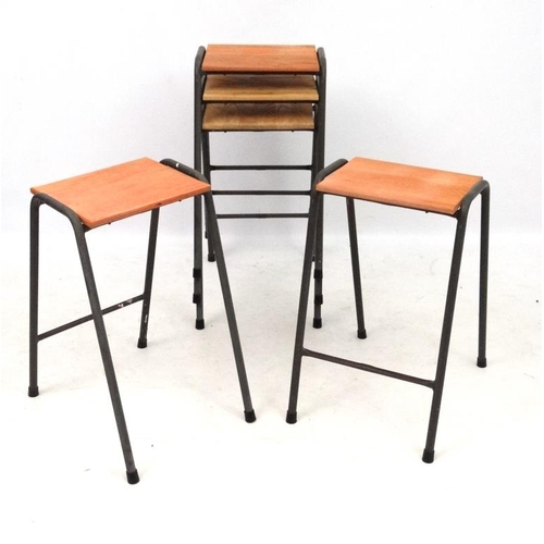 143 - Vintage Industrial :  A set of British elm topped science lab stools (5)  with painted metal legs , ... 