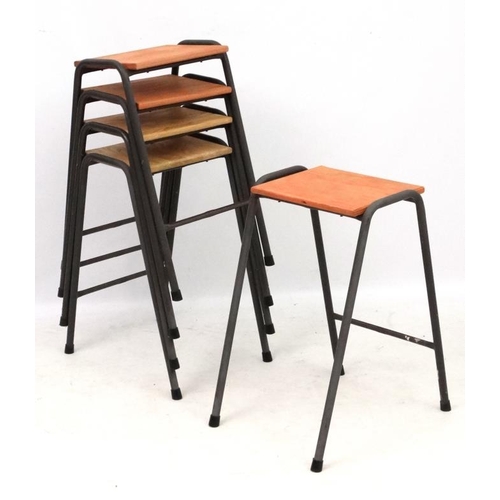 143 - Vintage Industrial :  A set of British elm topped science lab stools (5)  with painted metal legs , ... 