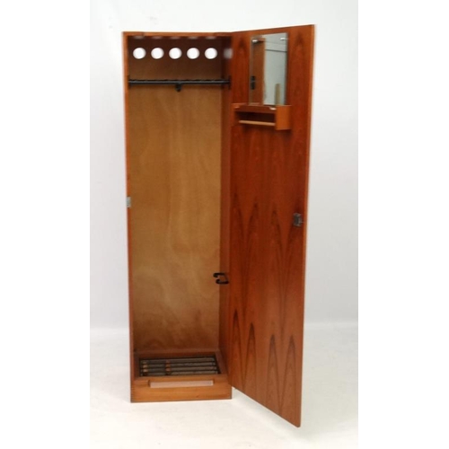 145 - Vintage Retro : a British 1971 tall narrow teak  hall wardrobe with hat section, hanging rail, shoe/... 