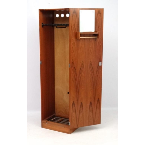 145 - Vintage Retro : a British 1971 tall narrow teak  hall wardrobe with hat section, hanging rail, shoe/... 