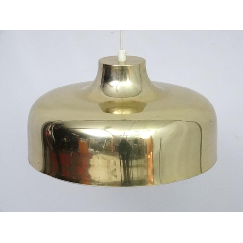 155 - Vintage Retro : a Scandinavain Pendant lamp / light of brass coloured liveried exterior and white , ... 