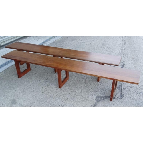 161A - A pair of mid century teak benches each with three stands , 8ft long x 16'' high x 14'' wide.