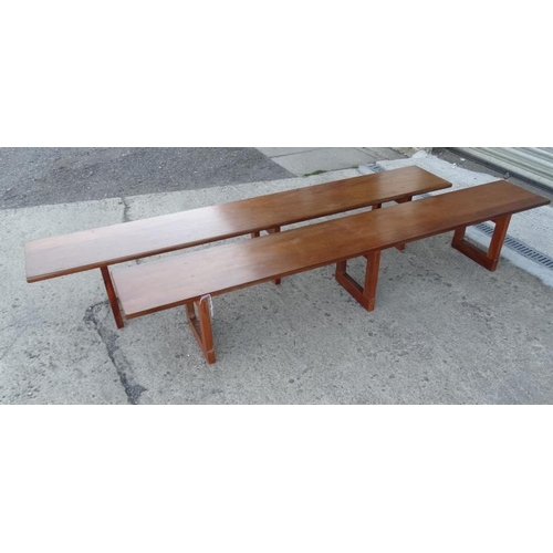 161A - A pair of mid century teak benches each with three stands , 8ft long x 16'' high x 14'' wide.