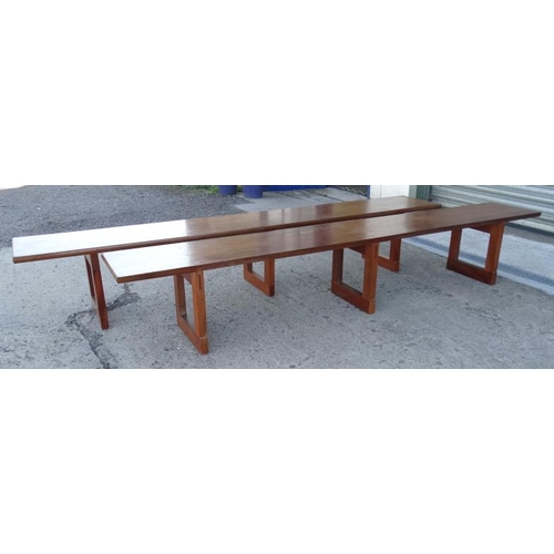 161A - A pair of mid century teak benches each with three stands , 8ft long x 16'' high x 14'' wide.