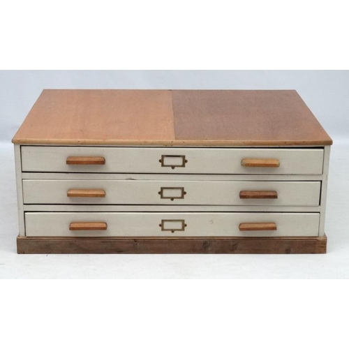 164 - Vintage Retro : a painted and lower 3 drawer Plan Chest ( top fitted with moulded edge),  45 1/4'' w... 