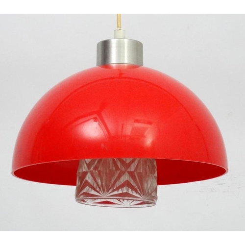 168 - Vintage Retro : a Scandinavian Pendant Hemispherical  lamp / light   of red plastic and moulded glas... 