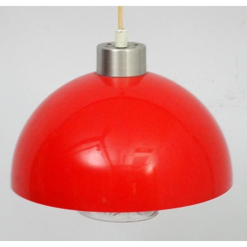 168 - Vintage Retro : a Scandinavian Pendant Hemispherical  lamp / light   of red plastic and moulded glas... 